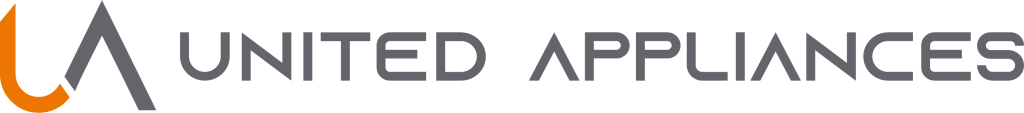 Logotipo de la marca UA United Appliances en colores naranja y gris.