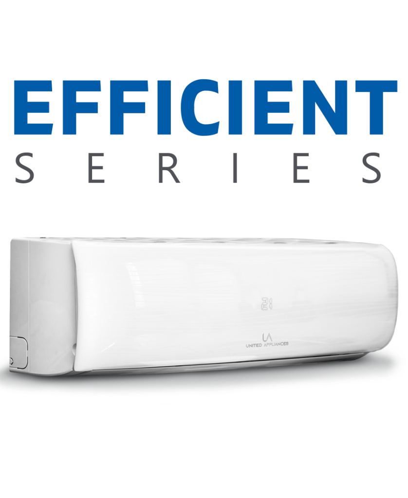 Unidad interior de aire acondicionado Minisplit UA EFFICIENT SERIES, de diseño blanco moderno, con pantalla digital mostrando 26 grados.