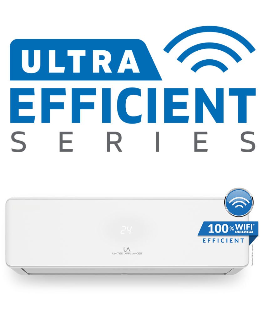 Minisplit UA ULTRA EFFICIENT SERIES, unidad interior blanca con indicador 100% WiFi Ready y pantalla digital de temperatura.