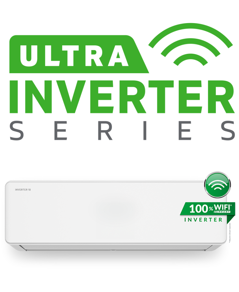 Minisplit UA ULTRA INVERTER SERIES, unidad interior blanca con indicador 100% WiFi Ready y tecnología INVERTER, destacando la conectividad inteligente.
