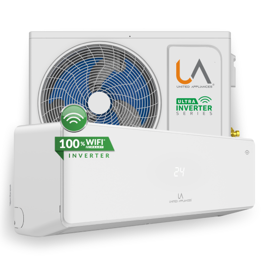 Unidad interior y unidad exterior (condensadora) del Minisplit ULTRA INVERTER SERIES de UA United Appliances en color blanco. Destaca el sello "100% WiFi READY INVERTER" y la temperatura 24, simbolizando la conectividad inteligente y la tecnología Inverter.