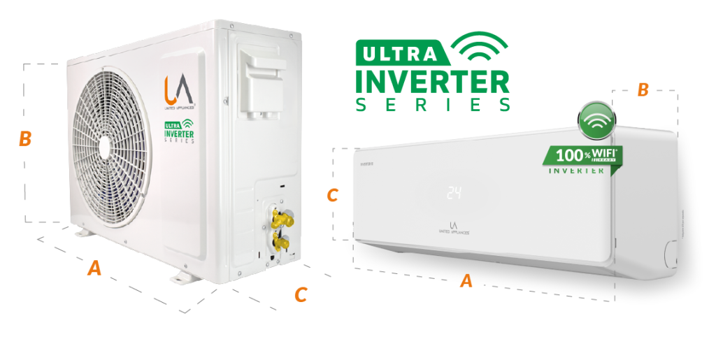 Diagrama de dimensiones técnicas (A, B, C) de las unidades interior y exterior del sistema de aire acondicionado UA ULTRA INVERTER SERIES.