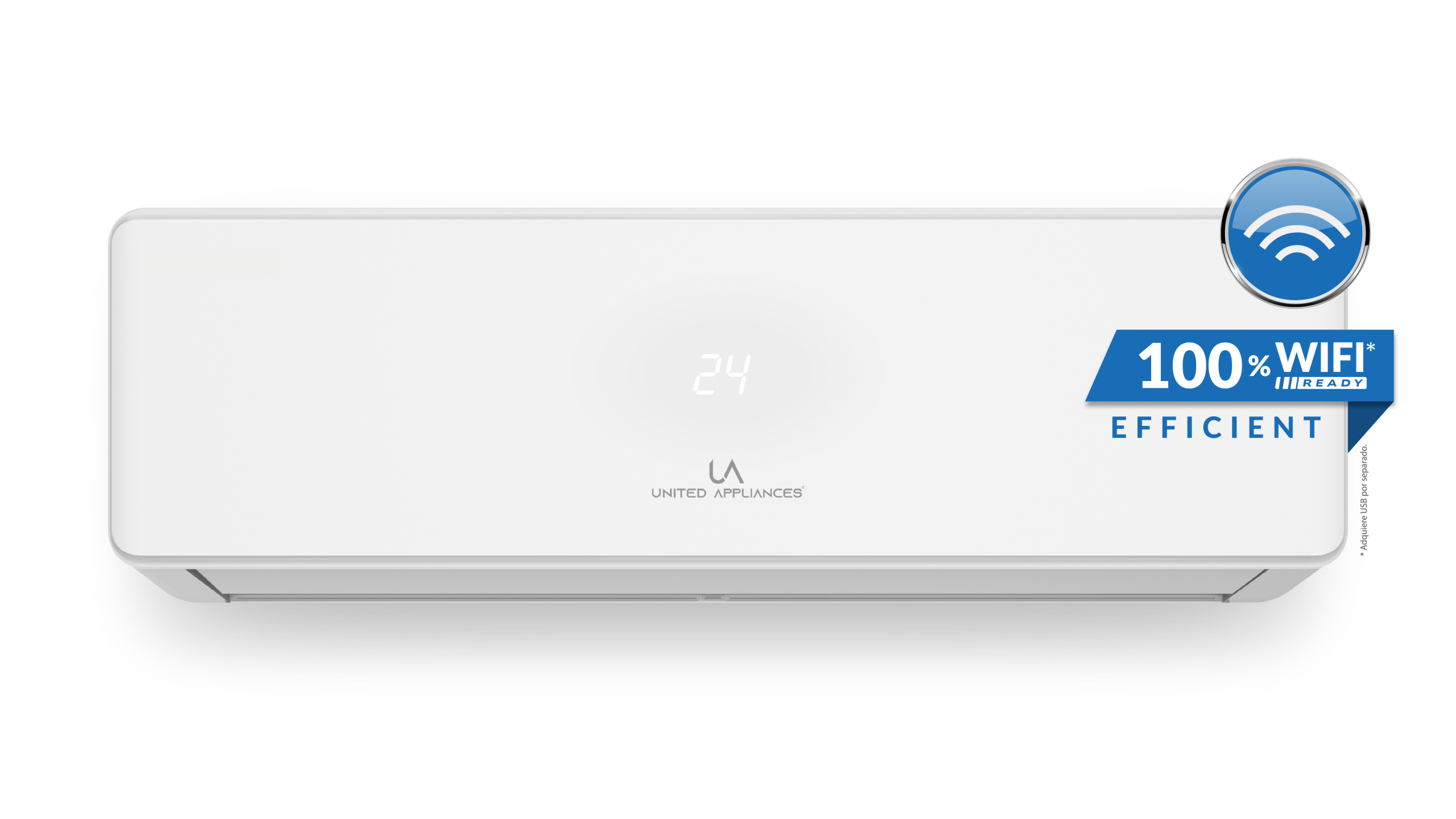 Unidad interior de Minisplit ULTRA EFFICIENT de UA United Appliances en color blanco, con pantalla digital mostrando 24 grados y el sello "100% WiFi READY EFFICIENT", destacando la conectividad y la alta eficiencia.