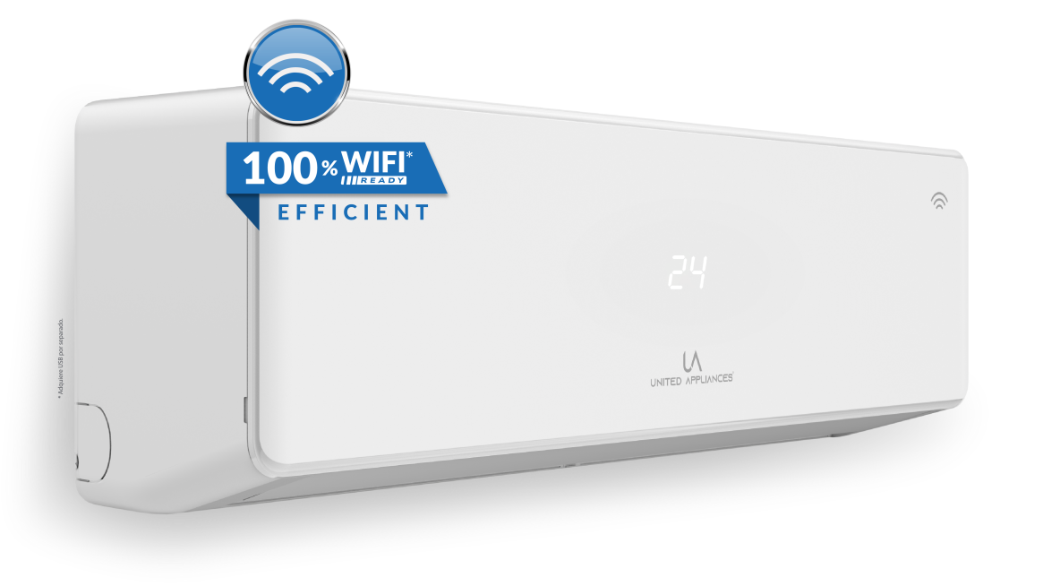 Unidad interior de aire acondicionado Minisplit de la serie ULTRA EFFICIENT de UA United Appliances en color blanco. Destaca la insignia azul y blanco "100% WiFi READY EFFICIENT" y la temperatura 24, simbolizando alta eficiencia y conectividad inteligente.