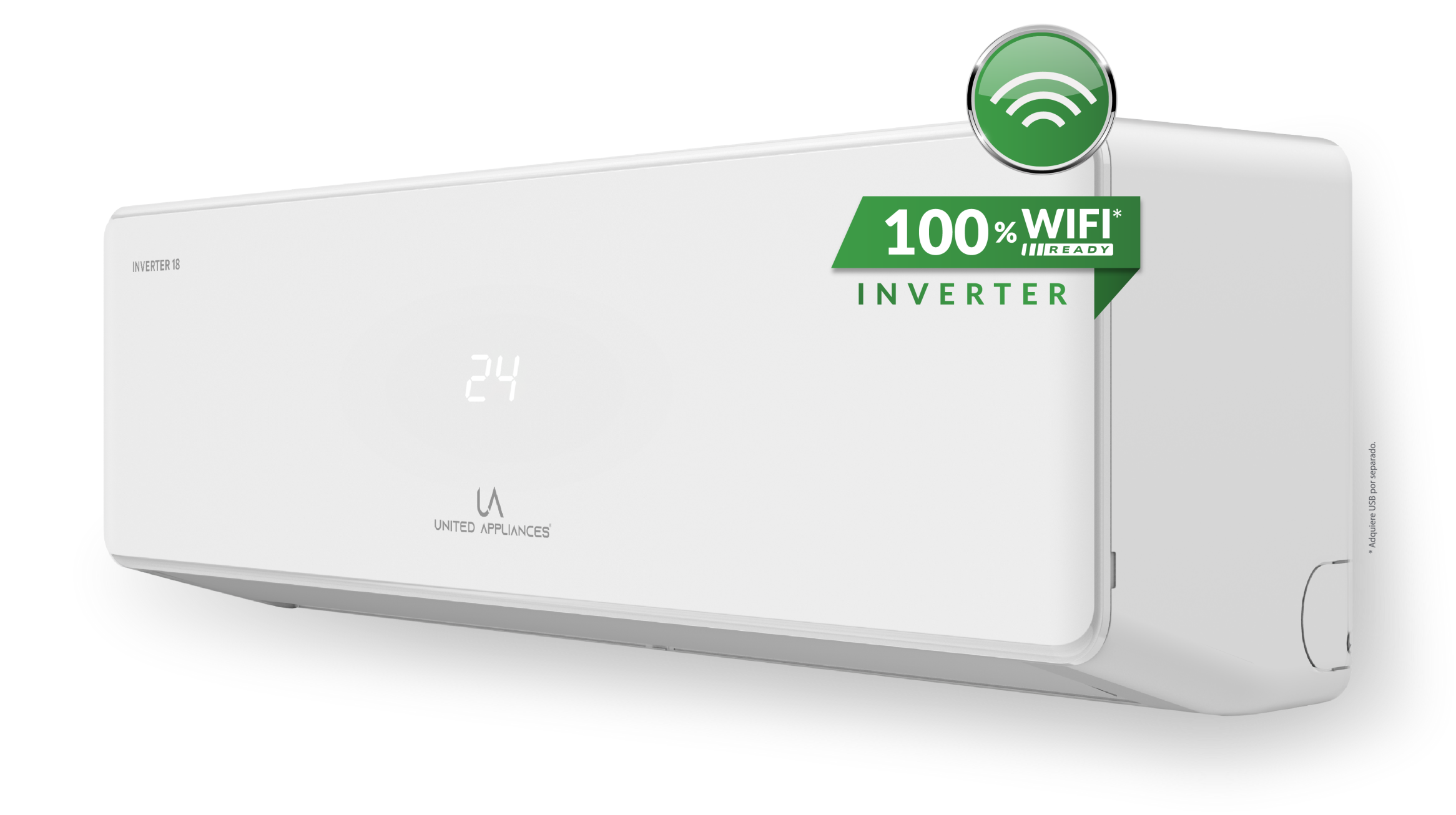 Unidad interior de aire acondicionado minisplit UA Ultra Inverter con pantalla digital, tecnología INVERTER y etiqueta 100% WiFi Ready.