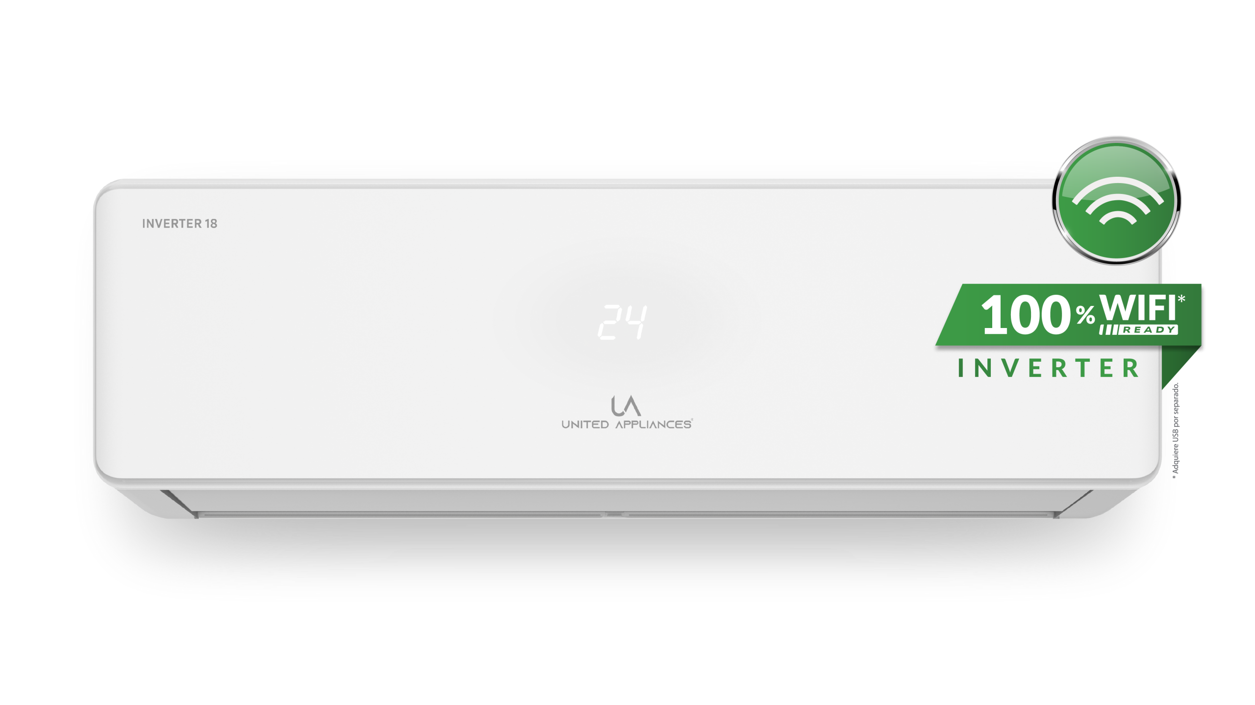 Unidad interior de aire acondicionado minisplit UA INVERTER 18 con pantalla digital, tecnología INVERTER y etiqueta 100% WiFi Ready.