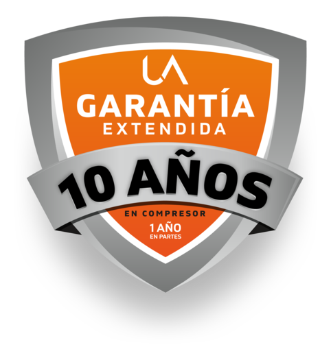 Sello de Garantía Extendida de UA United Appliances, que promete 10 AÑOS en compresor y 1 año en partes. El icono tiene forma de escudo en colores naranja y gris.