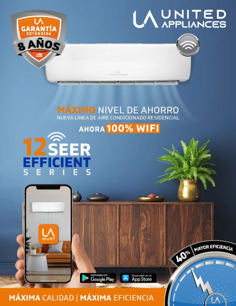 Publicidad del Minisplit UA 12 SEER EFFICIENT SERIES, destacando la garantía de 8 años, 40% de mayor eficiencia, 100% WiFi y control desde la aplicación UA SMART.
