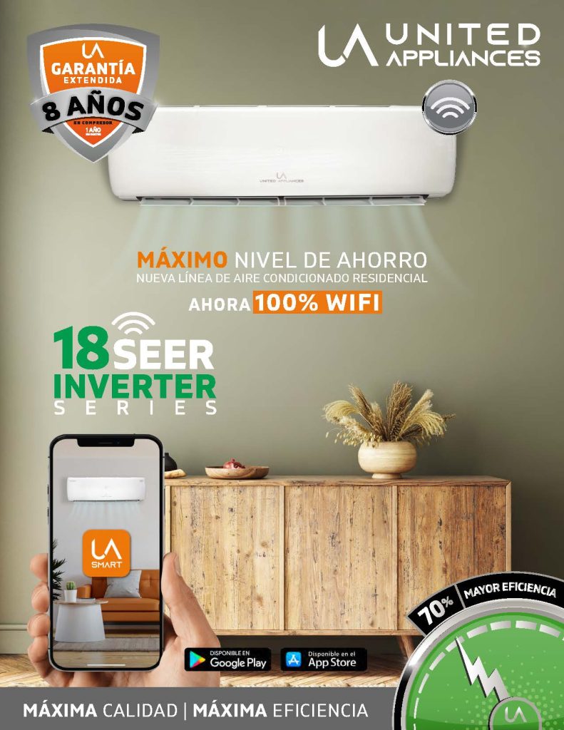 Publicidad del Minisplit UA 18 SEER INVERTER SERIES, destacando la garantía de 8 años, 70% de mayor eficiencia, 100% WiFi y control desde la aplicación UA SMART.