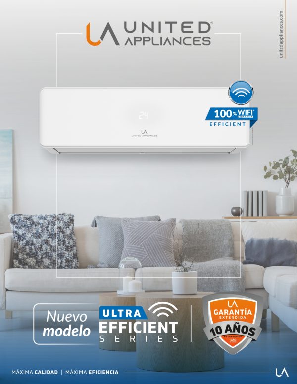 Minisplit UA ULTRA EFFICIENT SERIES instalado en sala de estar moderna, destacando 10 años de garantía extendida y tecnología WiFi.