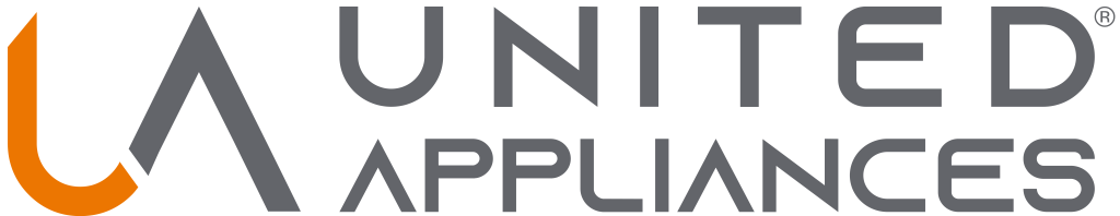 Logotipo principal de UA United Appliances. El ícono "UA" en colores naranja y gris oscuro, seguido del nombre "UNITED APPLIANCES" en tipografía corporativa, simbolizando una marca premium y experta en climatización.