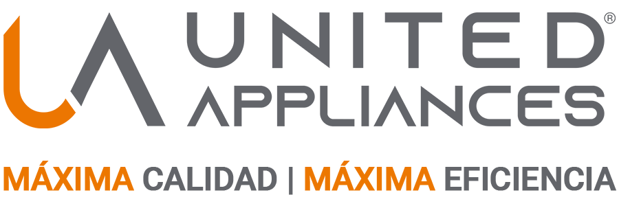 Logotipo de UA United Appliances y eslogan Máxima Calidad Máxima Eficiencia.