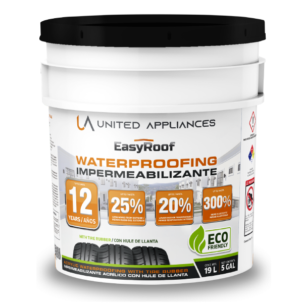 Cubeta de impermeabilizante acrílico con hule de llanta EasyRoof de UA United Appliances, con beneficios destacados: 12 años de durabilidad, 25% menos calor del exterior, 20% menor temperatura interior y 300% de elasticidad. Incluye el sello ECO FRIENDLY.