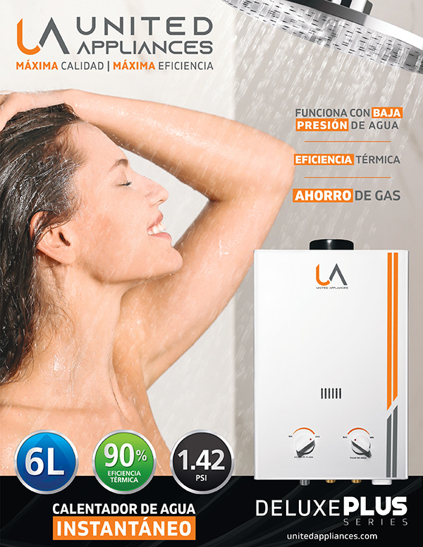 Publicidad del Calentador de Agua Instantáneo UA DELUXE PLUS SERIES de 6 litros, destacando 90% de eficiencia térmica, bajo consumo de gas y operación con baja presión de agua.