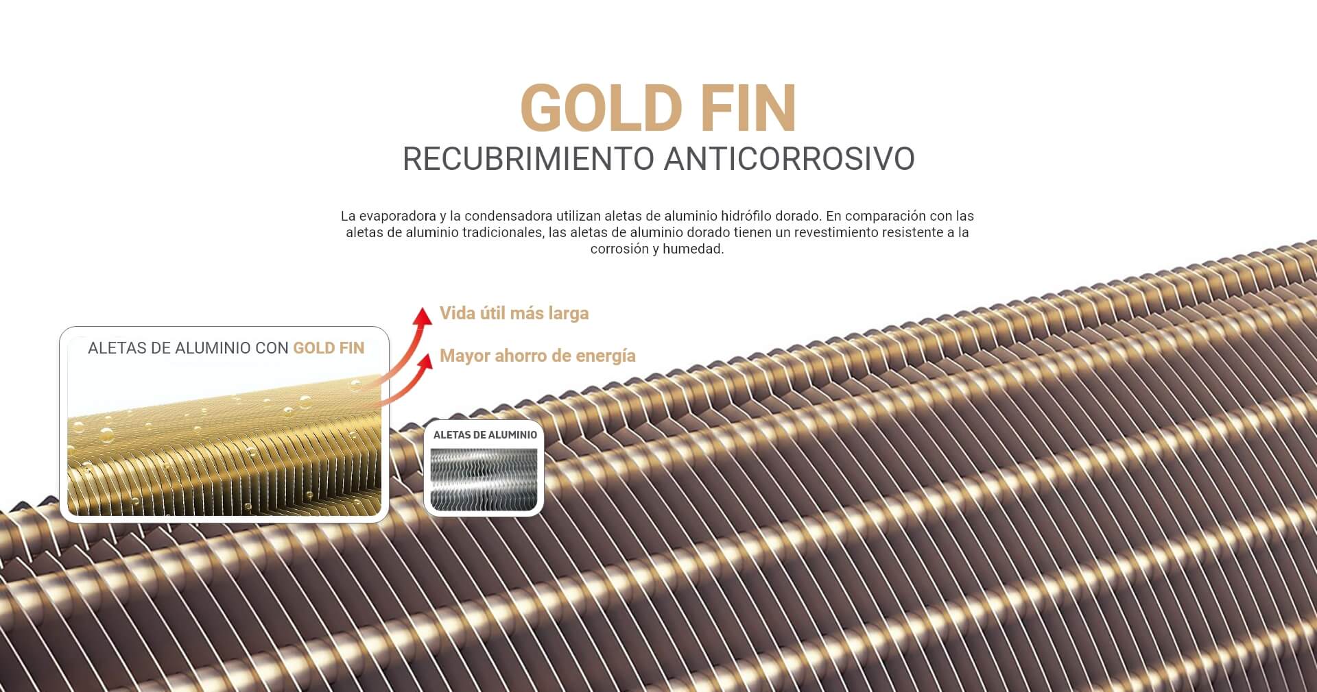 Detalle en primer plano de las aletas del condensador con el recubrimiento anticorrosivo "GOLD FIN" de UA United Appliances. Se compara con las aletas de aluminio tradicionales, destacando mayor ahorro de energía y vida útil más larga.
