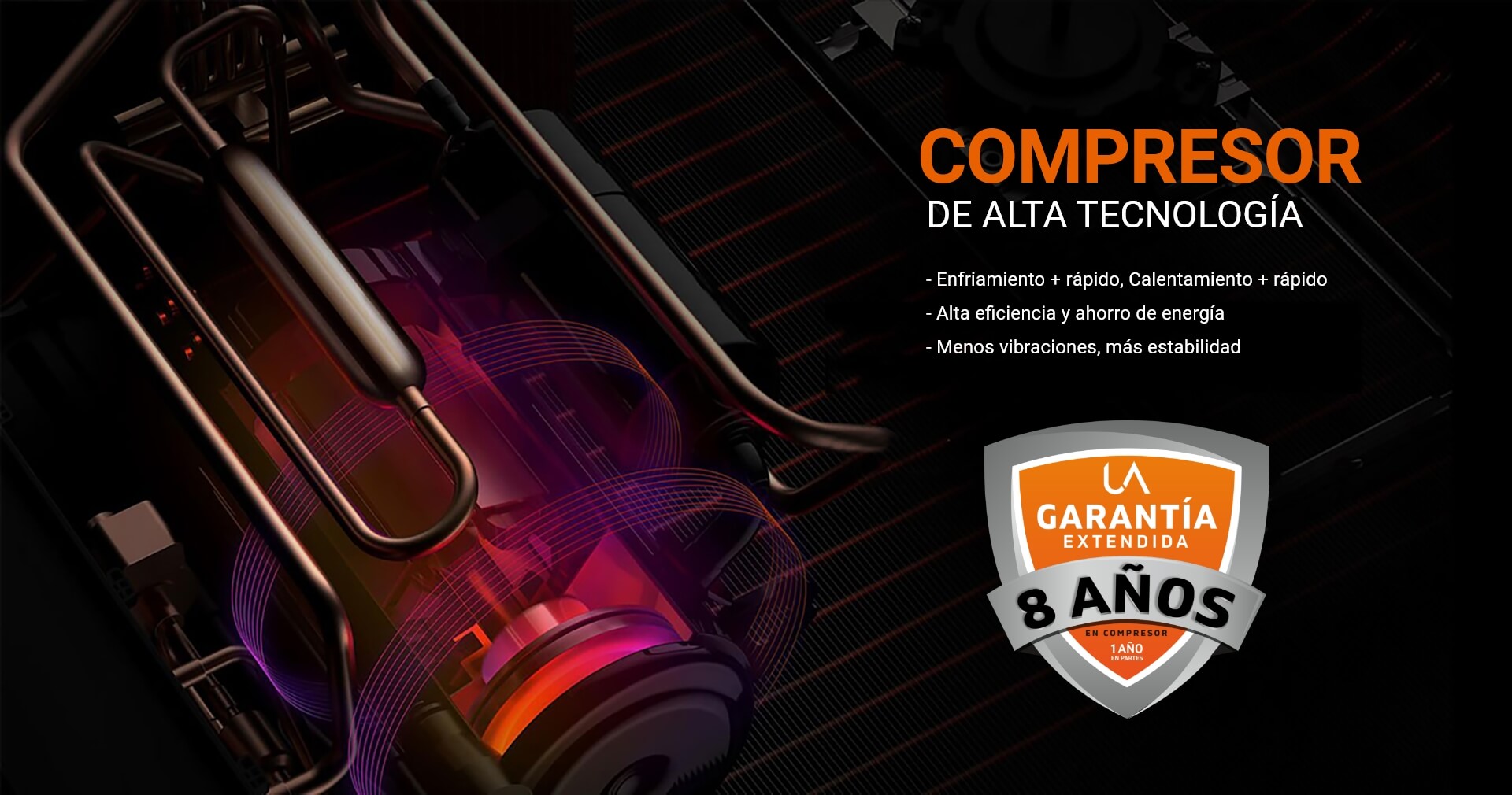 Imagen del compresor de alta tecnología de un equipo de climatización de UA, con un escudo de GARANTÍA EXTENDIDA 8 AÑOS en Compresor y 1 año en partes, destacando enfriamiento rápido, alta eficiencia y estabilidad.
