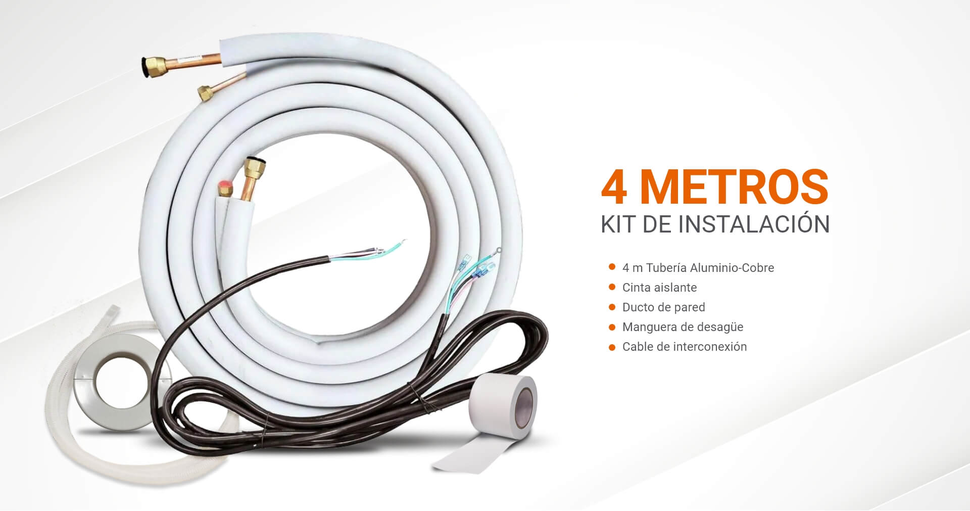 Kit de instalación de 4 metros para equipos de aire acondicionado, incluyendo tubería de aluminio-cobre pre-aislada, cable eléctrico, manguera de desagüe y cinta aislante.