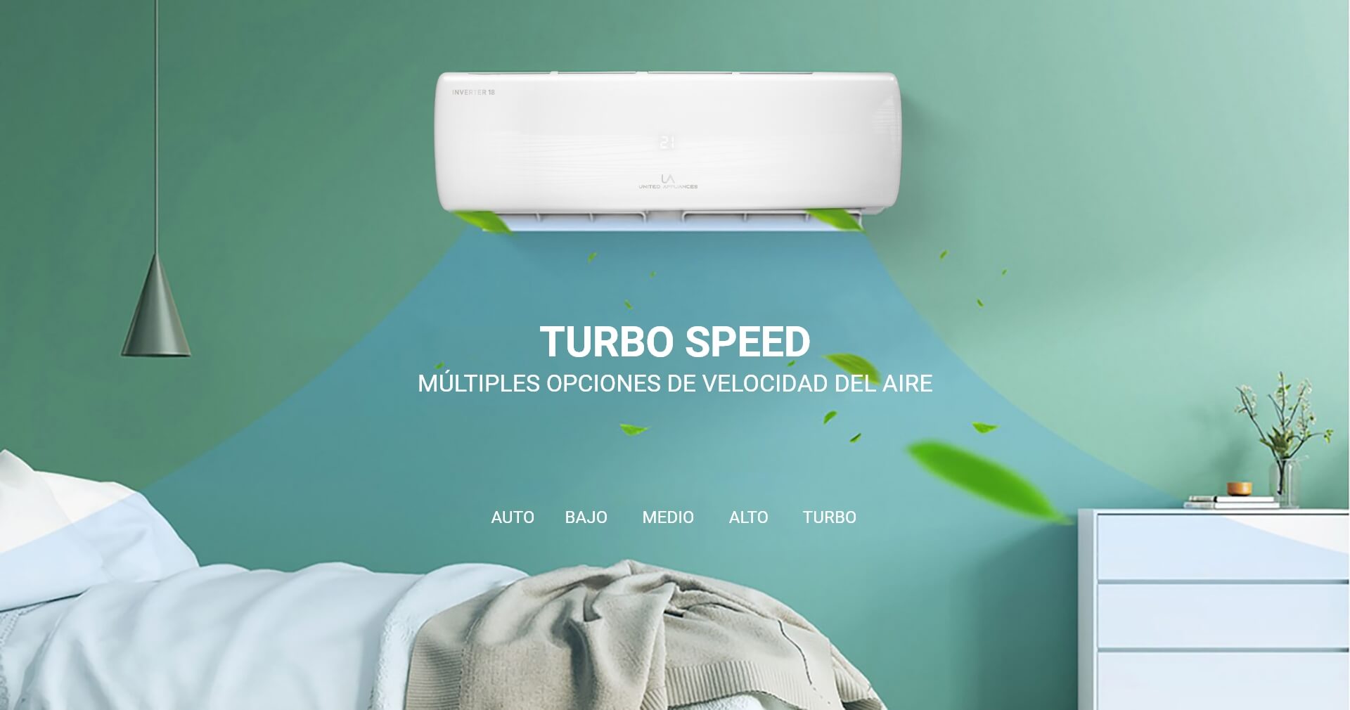 Minisplit Inverter de UA United Appliances instalado en una habitación con paredes verde mint. La imagen promociona la función "TURBO SPEED" con múltiples opciones de velocidad (Auto, Bajo, Medio, Alto, Turbo) para una climatización rápida.