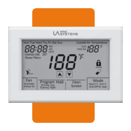 Termostato digital programable de UA HVAC Systems en color blanco, mostrando una temperatura ambiente de 188 grados Fahrenheit, hora, día de la semana y modos de operación (Fan, Program Hold, Clean Screen, Mode). Fondo en color naranja.