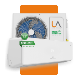 Equipo de aire acondicionado Minisplit UA Ultra Inverter Series. Muestra la unidad interior blanca y la unidad exterior con la insignia 100% WiFi READY y el sello "INVERTER".