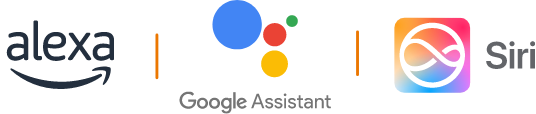 Iconos de compatibilidad con asistentes de voz: Amazon Alexa, Google Assistant y Siri. Simbolizan el control inteligente de los equipos de climatización de UA United Appliances.
