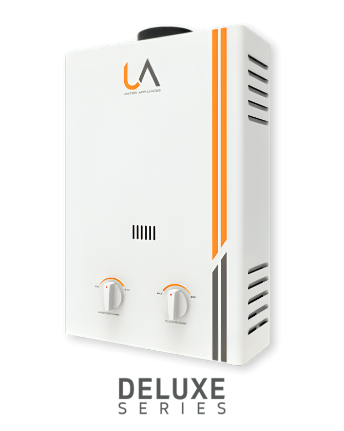 Calentador de agua instantáneo de la "DELUXE SERIES" de UA United Appliances. Unidad blanca con detalles naranjas y grises, perillas de control de flujo de agua y ajuste de flama. Diseño moderno y minimalista. Título