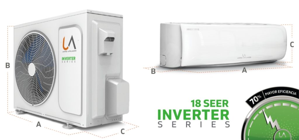 Diagrama de dimensiones técnicas (A, B, C) de las unidades interior y exterior del sistema de aire acondicionado UA INVERTER SERIES 18 SEER, destacando 70% de mayor eficiencia.