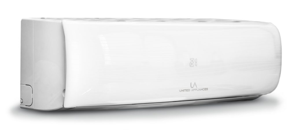 Unidad interior de aire acondicionado minisplit UA de diseño blanco, moderno y minimalista para el hogar.