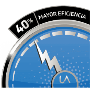 Gráfico de medidor o dial que indica un aumento del 40% en la eficiencia, representando el ahorro energético de los equipos UA.