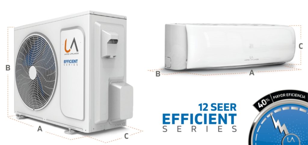 Diagrama de dimensiones técnicas (A, B, C) de las unidades interior y exterior del sistema de aire acondicionado UA EFFICIENT SERIES 12 SEER, destacando 40% de mayor eficiencia.