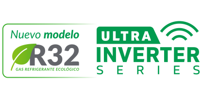 Logotipo promocional de la serie ULTRA INVERTER SERIES, destacando el uso de gas refrigerante ecológico R32 (con un símbolo de hoja) en los nuevos modelos, y la conectividad WiFi.