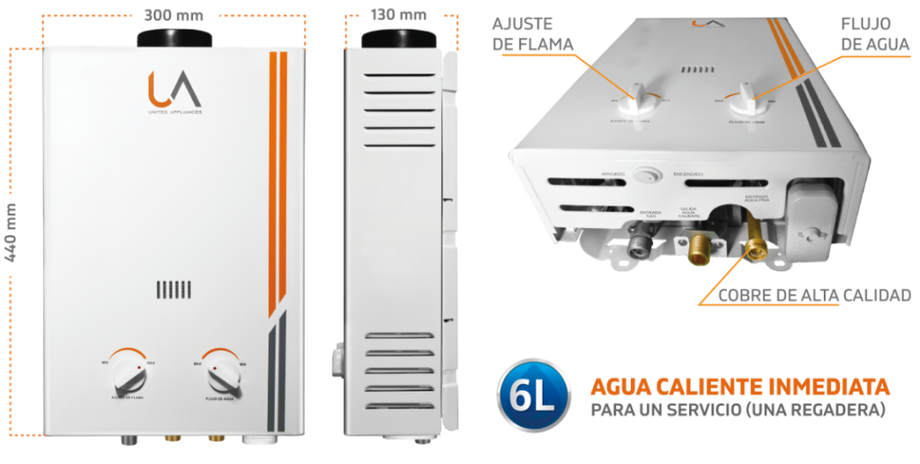 Calentador de agua instantáneo (boiler de paso) de UA United Appliances de 6 litros para un servicio. Muestra vistas frontal, lateral y superior con dimensiones (440 mm x 300 mm x 130 mm) y detalles de las perillas de control (Ajuste de Flama y Flujo de Agua) y componentes internos de cobre de alta calidad.