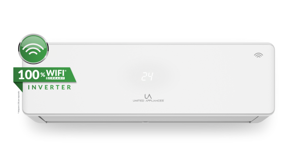 Unidad interior de aire acondicionado Minisplit Inverter de UA United Appliances de color blanco. Destaca la insignia verde "100% WiFi READY INVERTER" y una pantalla digital mostrando la temperatura 24.