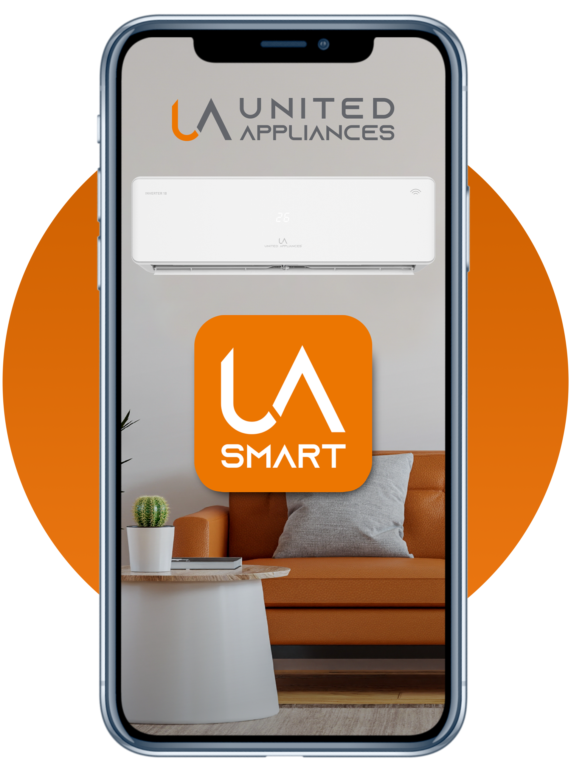 Pantalla de smartphone mostrando la aplicación UA SMART, la cual permite el control de un minisplit UA en un ambiente residencial moderno.