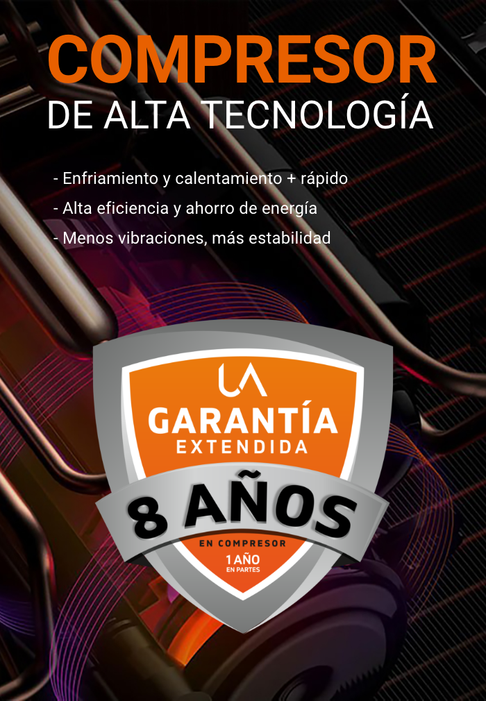Banner promocional del Compresor de Alta Tecnología de UA United Appliances. Destaca la Garantía Extendida de 8 años en el compresor y 1 año en partes, así como los beneficios de enfriamiento rápido, alta eficiencia y baja vibración.