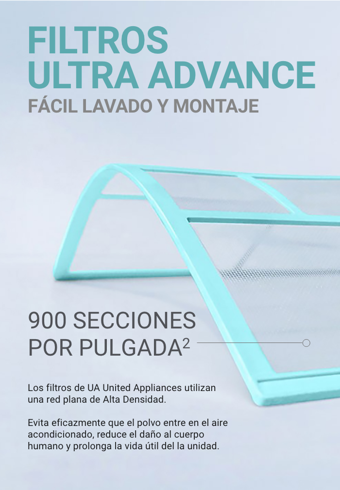 Primer plano detallado de un filtro "ULTRA ADVANCE" de UA United Appliances con marco azul turquesa. El texto destaca sus "900 secciones por pulgada cuadrada", indicando una alta densidad para una filtración superior que protege la salud y la unidad.