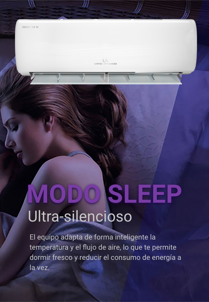 Minisplit Inverter de UA United Appliances instalado sobre una habitación oscura con iluminación púrpura, donde una mujer duerme plácidamente. El texto resalta la función "MODO SLEEP Ultra-silencioso" para confort y ahorro energético nocturno.