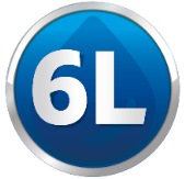 Icono circular de color azul brillante que muestra el valor "6L", indicando la capacidad de 6 litros por minuto de un calentador de agua.