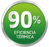 Icono circular de color verde brillante que muestra el valor "90%" y el texto "EFICIENCIA TÉRMICA", destacando el alto rendimiento energético del producto.
