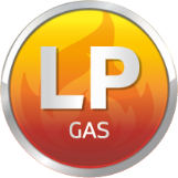Icono circular con un diseño de flama en tonos rojo y naranja que contiene el texto "LP GAS". Indica la compatibilidad del producto con Gas Licuado de Petróleo (LP).