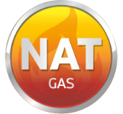 Icono circular con un diseño de flama en tonos naranja y amarillo que contiene el texto "NAT GAS". Indica la compatibilidad del producto con Gas Natural.