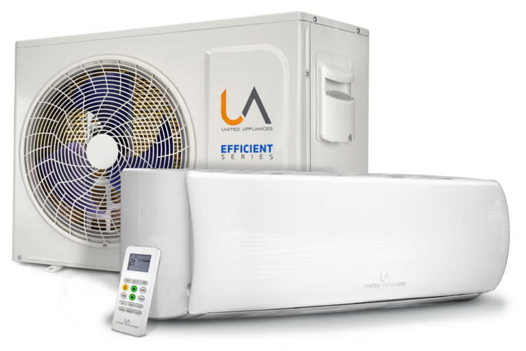 Conjunto de aire acondicionado minisplit UA EFFICIENT SERIES, mostrando la unidad exterior, la unidad interior y el control remoto.