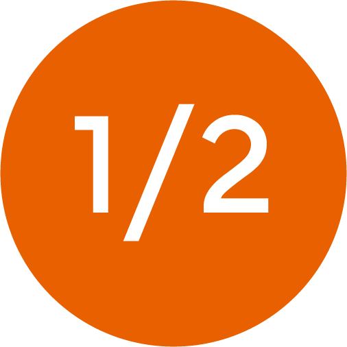 Icono circular de color naranja con la fracción "1/2" en color blanco, utilizado para indicar especificaciones técnicas de medidas y conexiones en equipos de climatización.