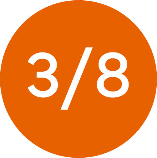 Icono circular de color naranja con la fracción "3/8" en color blanco, utilizado para indicar especificaciones técnicas de medidas y conexiones en sistemas de climatización.