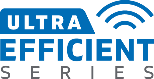 Logotipo de la línea ULTRA EFFICIENT SERIES de UA United Appliances, con la palabra ULTRA resaltada en una placa azul, icono de señal WiFi y tipografía moderna en azul y gris.