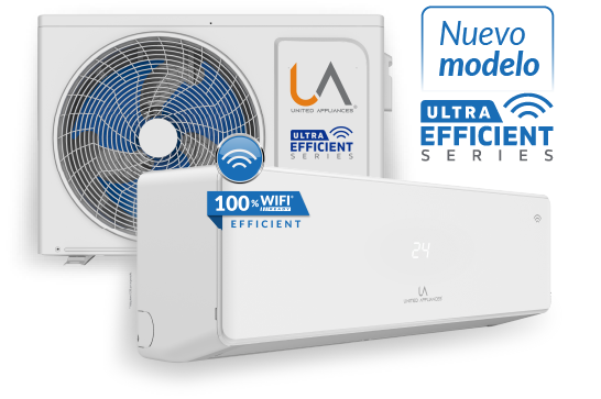 Unidad interior y unidad exterior (condensadora) del Minisplit ULTRA EFFICIENT SERIES de UA United Appliances, destacando el anuncio "Nuevo modelo" y el sello "100% WiFi EFFICIENT". Simboliza la nueva generación de equipos con máxima eficiencia y control inteligente.
