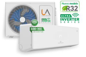 Unidad interior y unidad exterior (condensadora) del Minisplit ULTRA INVERTER SERIES de UA United Appliances. La imagen destaca el sello "Nuevo modelo R32 Refrigerante Ecológico", el sello "100% WiFi INVERTER" y el ventilador azul, simbolizando la vanguardia tecnológica y la sostenibilidad.