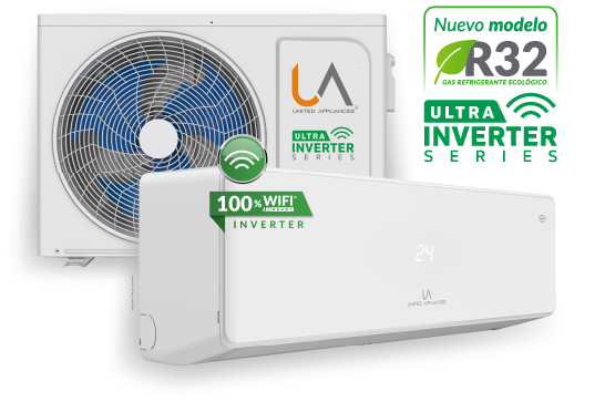 Unidad interior y unidad exterior (condensadora) del Minisplit ULTRA INVERTER SERIES de UA United Appliances. La imagen destaca el sello "Nuevo modelo R32 Refrigerante Ecológico", el sello "100% WiFi INVERTER" y el ventilador azul, simbolizando la vanguardia tecnológica y la sostenibilidad.