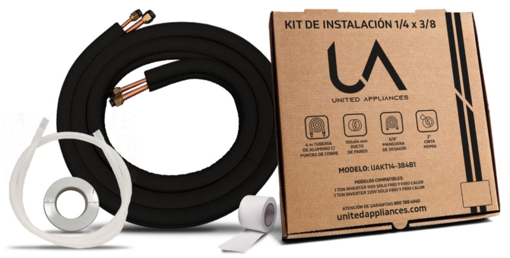 Kit de instalación UAKT14-384B1 de UA United Appliances con tubería de aluminio y cobre, compatible con Minisplit Inverter de 1 Ton.