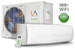 Unidad interior y unidad exterior (condensadora) del Minisplit INVERTER SERIES de UA United Appliances en color blanco. Incluye el control remoto al frente y el sello "100% WiFi", destacando la conectividad y la eficiencia energética.